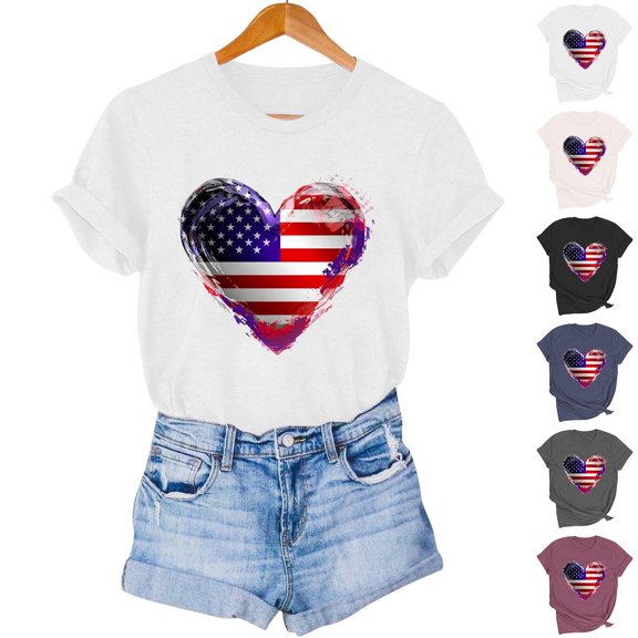Goodtrade8 Womens Short Sleeve Shirts USA Years Anniversary Summer Pullover Independence Day Crew Neck July 4th Casual Fashion Red White and Blue Shirts for Women Graphic