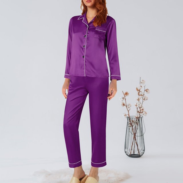Ensemble de Pyjama en Satin Long pour Femmes Coupe Ample M-5TG