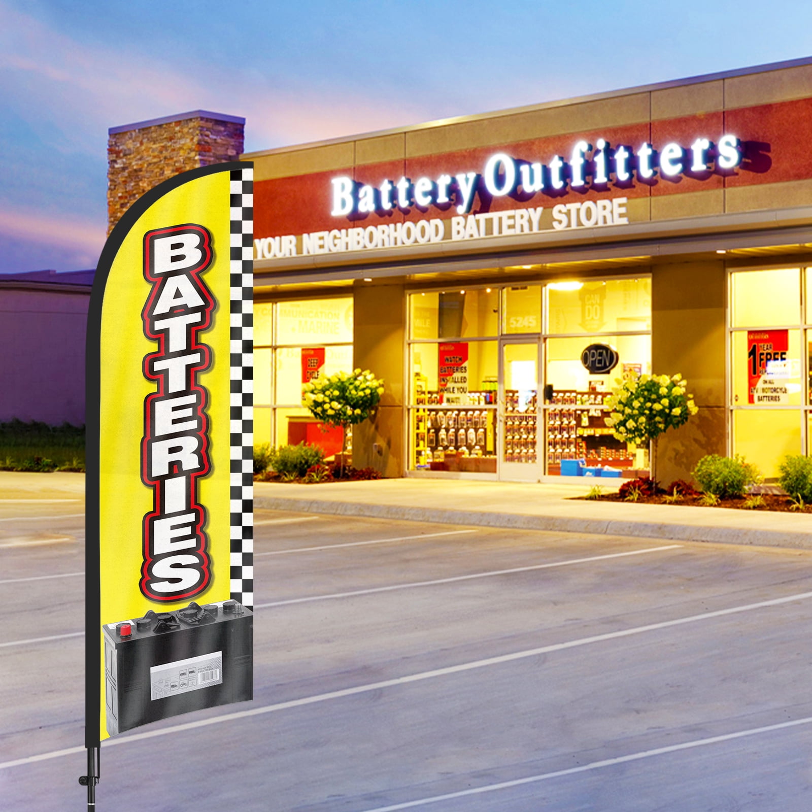 QSUM Batteries Sale Feather Flag with Flag Pole Kit and Ground Spike, 8.2FT Batteries Windless Flag Banner Sign Business for Outdoor Advertising Sign Decoration Display