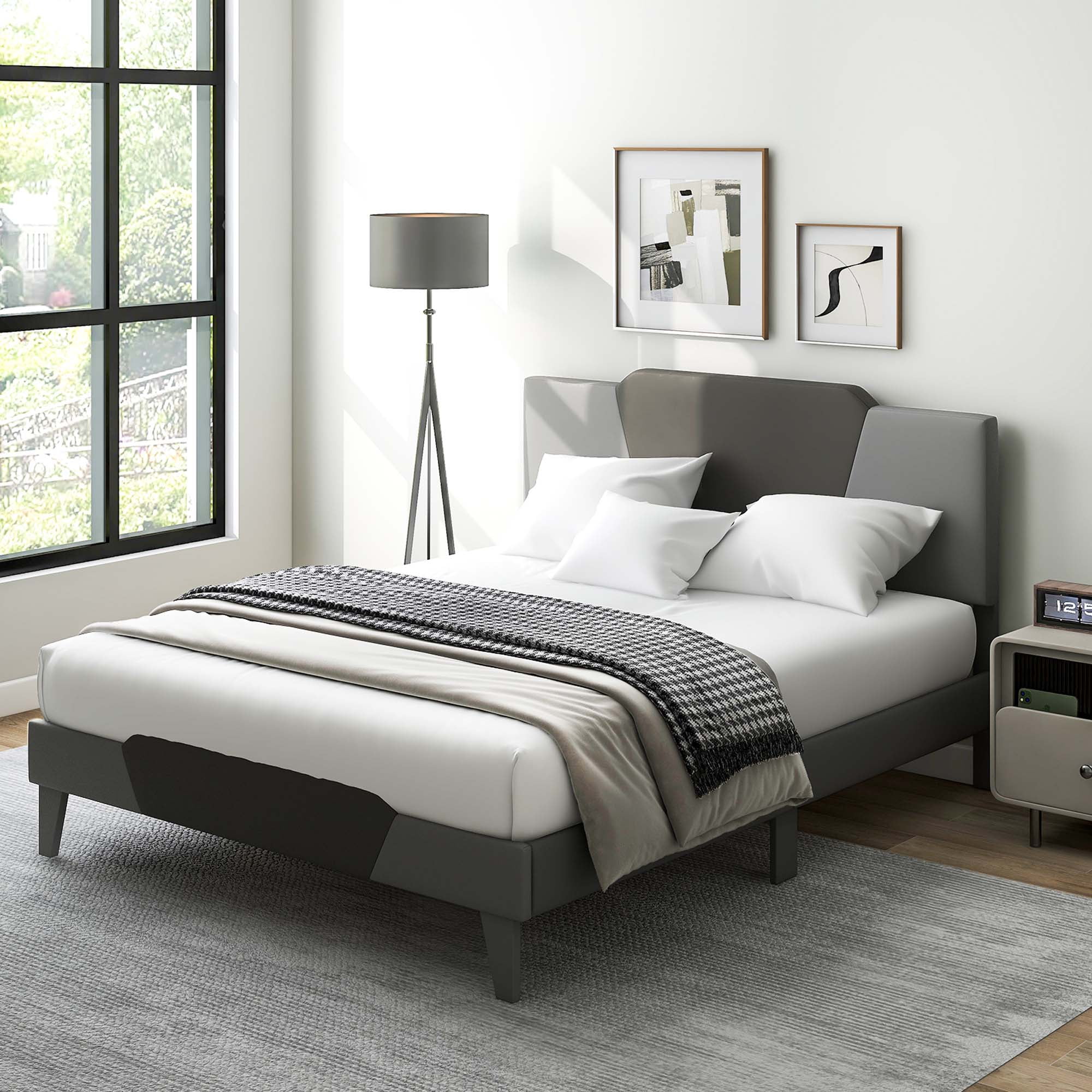 Costway Queen Size Upholstered Platform Bed Frame Velvet Headboard Mattress Foundation