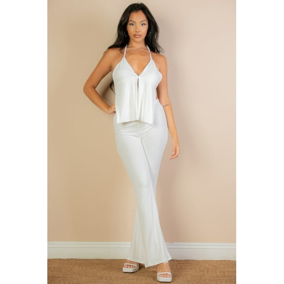 Split Front Backless Halter Top & Flare Pants Set
