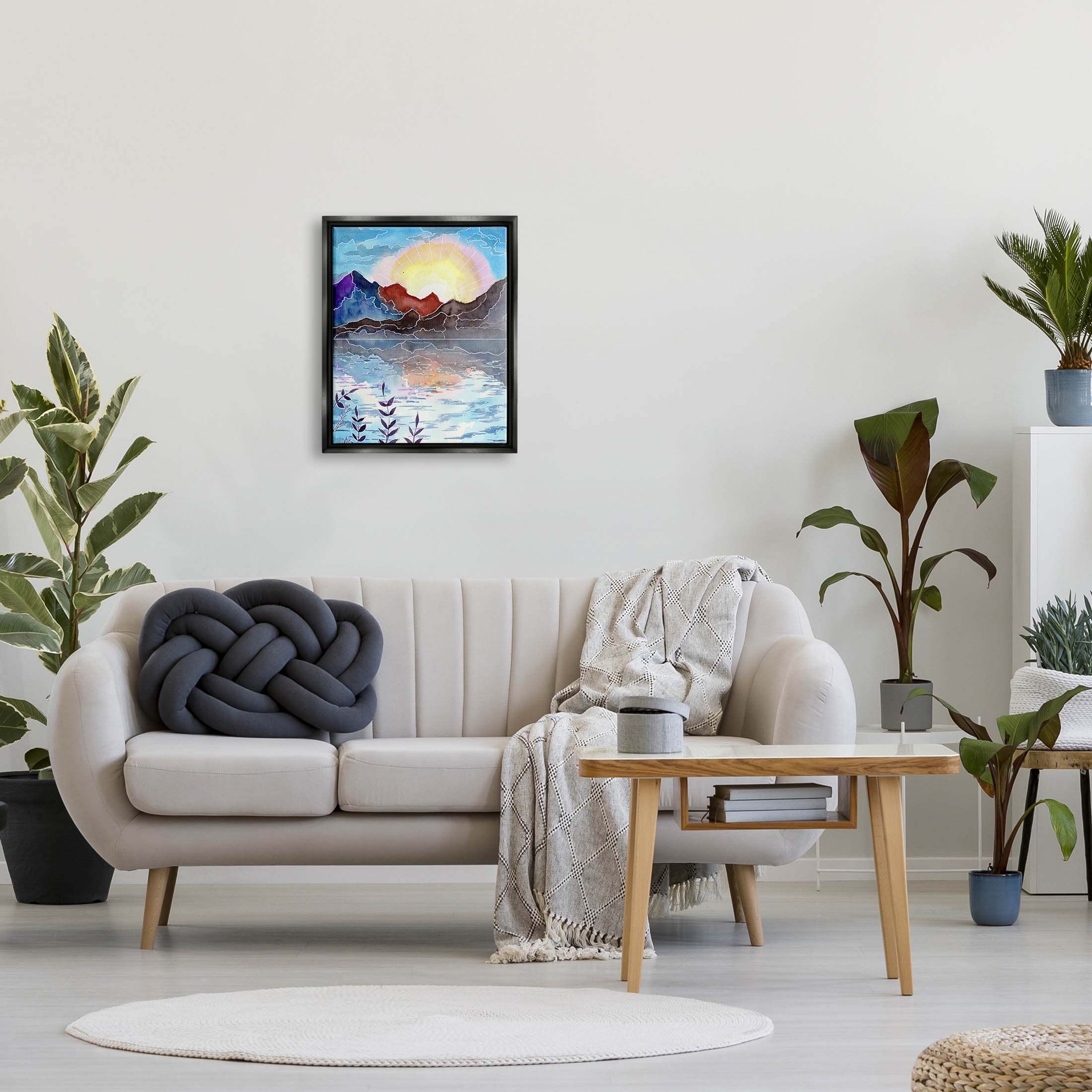 Mountain Lake Nature Outline Landscape Graphic Art Jet Black Framed Art Print Wall Art