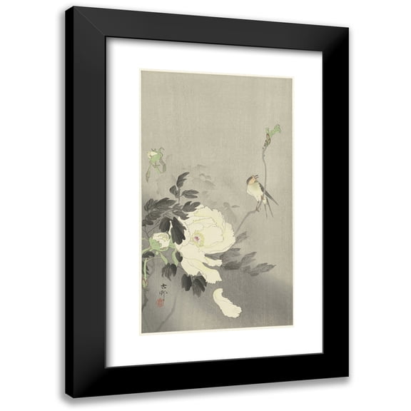 Ohara Koson 10x14 Black Modern Framed Museum Art Print Titled - Swallow with Peony (1900 - 1930)