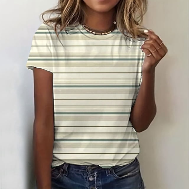 iTNHFP T-Shirt en Coton pour Femmes T-Shirt Long Classique Polyvalent Quotidien à Manches Courtes Rayé Léopard Camouflage Color Block Col Rond Décontracté