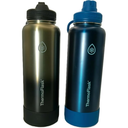 ThermoFlask Stainless Steel Water Bottle, 40 Fluid Ounce (2 Pack) (Blue/Silver)