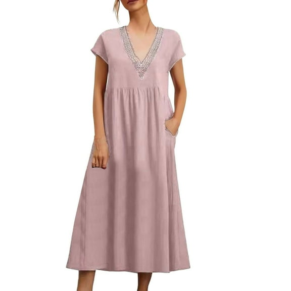 Dresses for Women, Women Casual Loose Boho Dress with Pockets Short Sleeve Long Maxi Summer Beach Swing Dresses Sundress