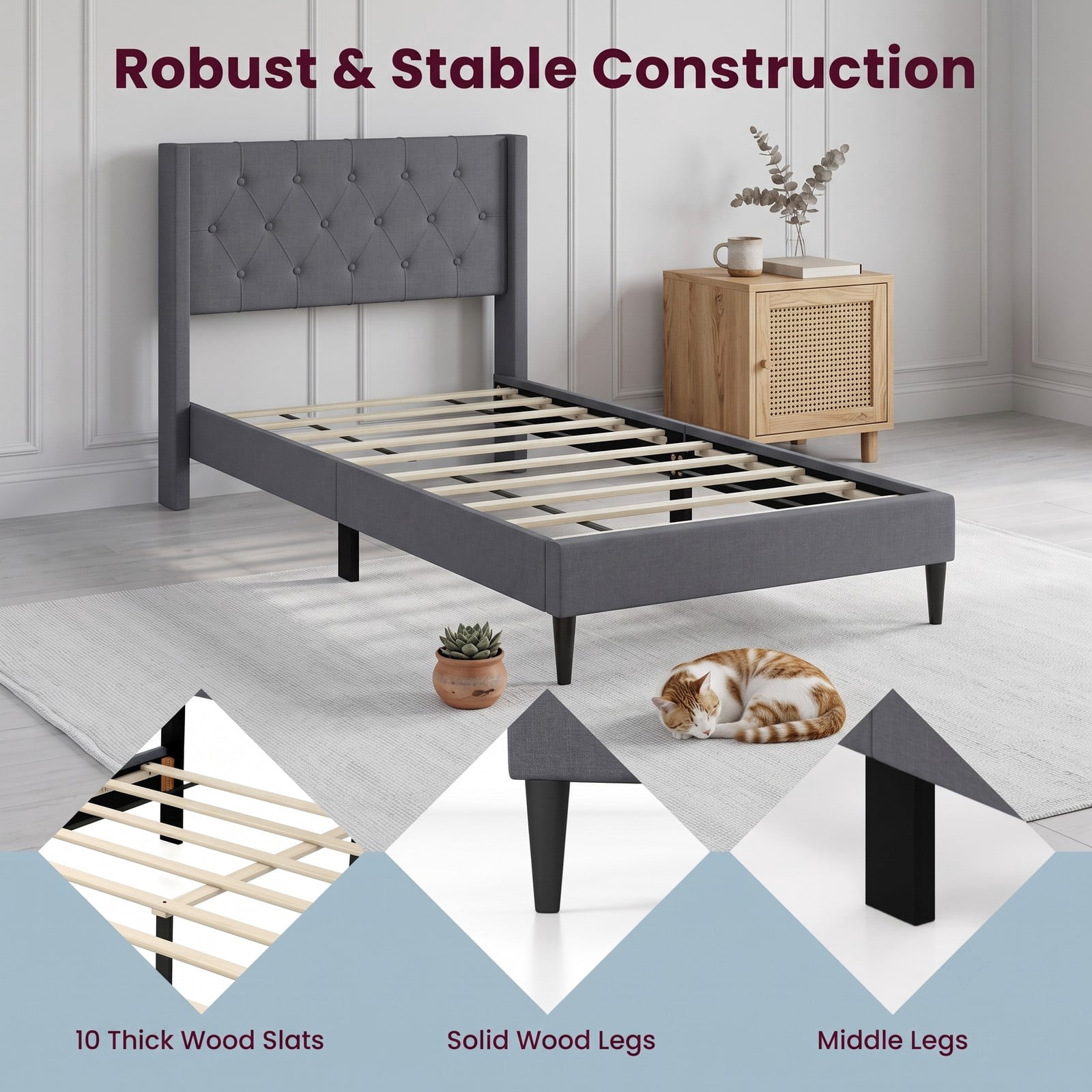 Furnibear Twin Bed Frame Upholstered Platform Bed with Button Tufted Wingback Headboard and Wood Legs, Gray