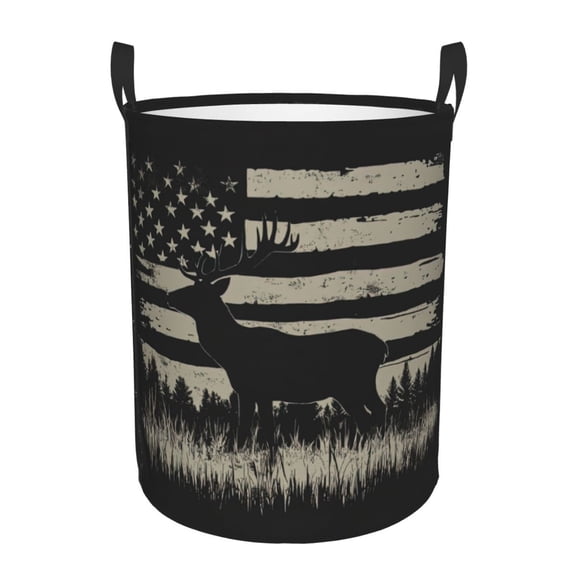 PHELIKA Black And White American Flag Deer Laundry Basket 65L Large Foldable Round For Dirty Clothes Toy Storage