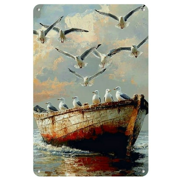 Room Decor 1pc Nautical Seagulls on Boat Iron Sign, 8x12 inches Vintage Metal Wall Art, Rustic Home & Outdoor Decor, Coastal Style Hanging Plaque, Bird Decor, Perfect for Room Decor