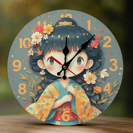 Wall Clock Decorative - Asian Girl in Kimono Print 2D Vintage Wall Clocks Battery Operated Silent Non-Ticking for Bedroom, Living Room, Kitchen, Office, Classroom, 10 Inch