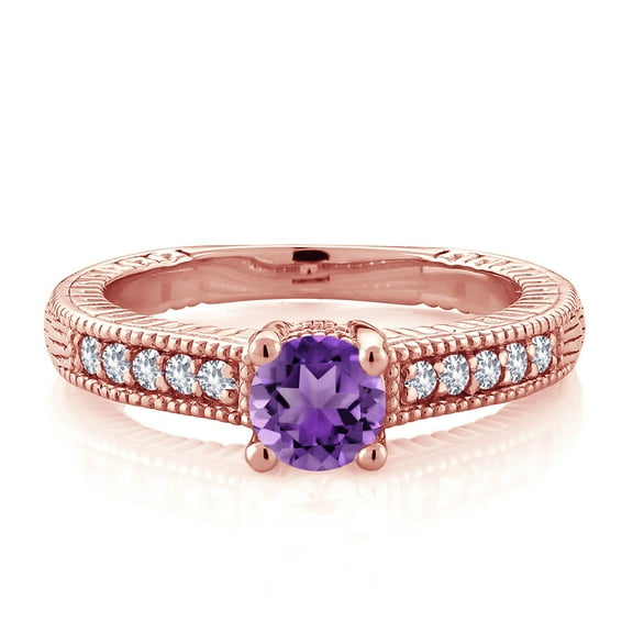Gem Stone King 18K Rose Gold Plated Silver Purple Amethyst and White Created Sapphire Women's Solitaire Ring with Accent Stones (0.63 Cttw, Round Shape 5MM, Size 5)