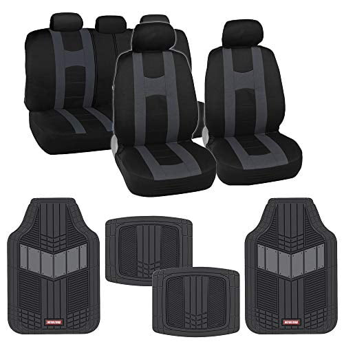 BDK AutoSport Full Set Combo All Protective Seat Covers (2 Front 1 Bench) with Heavy-Duty All-Weather Rubber Floor Mats (4 Mats) for Car Auto - Sedan Truck SUV Minivan, Charcoal