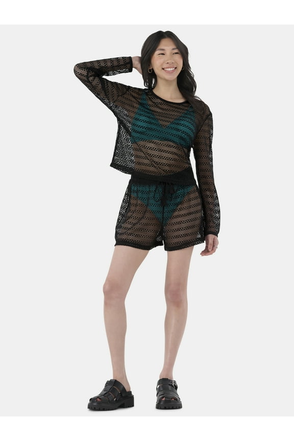 Women's Crochet Top Coverup with Long Sleeves, Sizes XXS - XXL