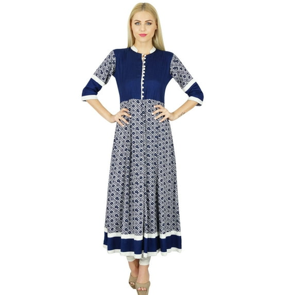 Bimba Women Blue Anarkali Kurti Long Flaired Rayon Kurta Indian Ethnic Blouse