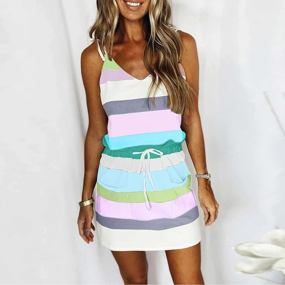 Busydd Womens Summer Dresses Striped Midi Dresses Sleeveless V Neck Halter Beach Dress Fashion Drawstring Tunic Sundress Casual Dress for Women with Pockets