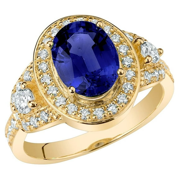 PEORA 14K Yellow Gold Created Blue Sapphire and Lab Grown Diamond Ring for Women, Vintage Design, 3.75 Carats Total, 9x7mm Oval Shape, Size 9