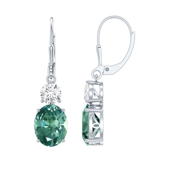 Green Sapphire Drop Earrings with Moissanite, 8X10 mm Oval Lab Grown Sapphire AAAA Grade, 10K White Gold