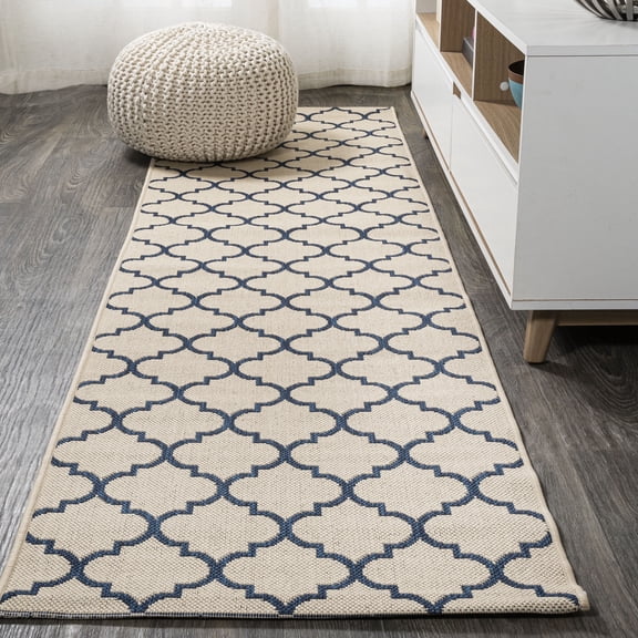 JONATHAN Y SANTA MONICA 2 x 8 Runner Rug, Arabesque Ogee Trellis - Beige/Navy, SMB122A-28