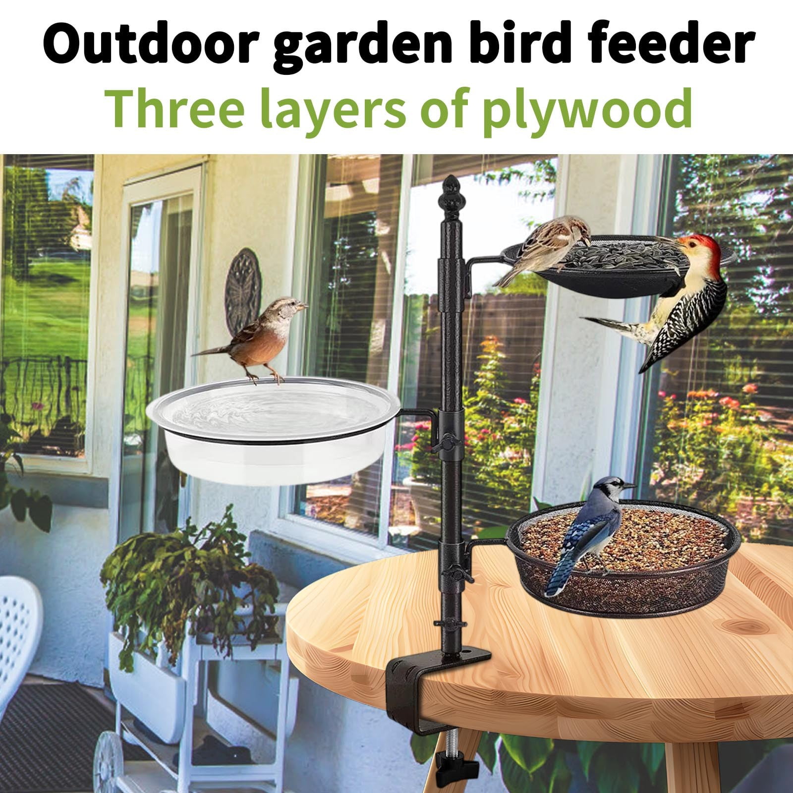 Deck Railing Bird Feeder with Clamp - Multi-Layer Mesh Trays & Bird Bath Bowl, Adjustable Metal Pole Outdoor Garden Feeder, Bird Feeder for Outdoors Hanging, Window Bird Feeder