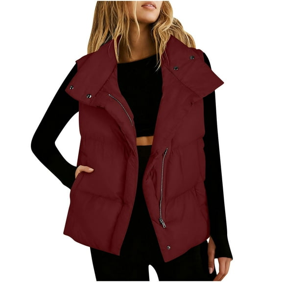Xyxonk Womens Oversized Puffer Vest Stand Collar Full Zip Sleeveless Bubble Puffer Vest Quilted Padded Warm Coat Outwear,Deep Red L