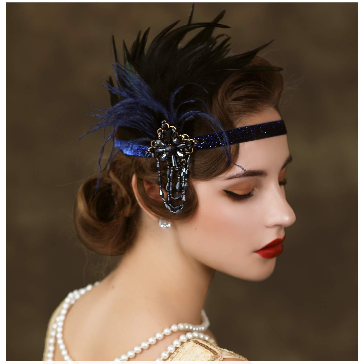 Feather Flapper Headpiece Navy, Rhinestone Feather 1920s 