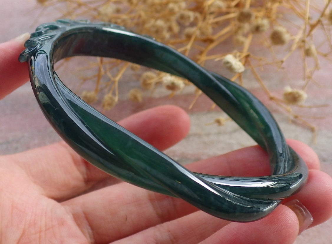 Icy Green Natural A JADE Jadeite Flower Knotted Bangle Bracelet 61 mm 683959 TN