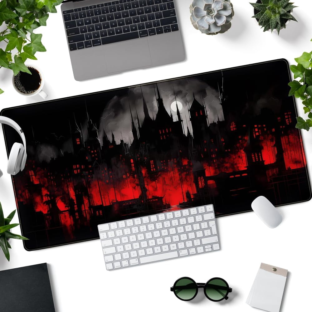 Black Castle Large Mouse Pad Red and Black Mousepad Gaming Playmat Game Mat, Big Full Keyboard and Mouse Pads Cool Desk Pad for Keyboard with Stitched Edges Anti-Slip Desk mat 31.5" X 15.7 "
