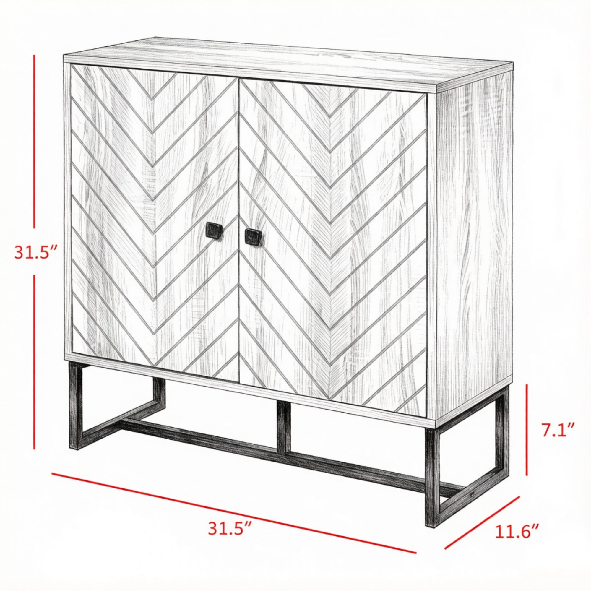 31.5" Modern Buffet Cabinet, Adjustable Shelf, Steel Base, 2 Chevron Doors Sideboard