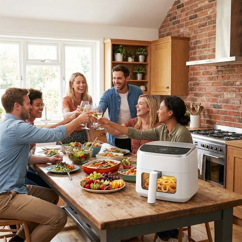 Dozzle 4QT Visual Window Air Fryer, 1500W Touchscreen Display with 8 Cooking Presets, Automatic Shut-Off, Nonstick Basket Dishwasher Safe, 60-Minute Timer, Up to 400°F, White