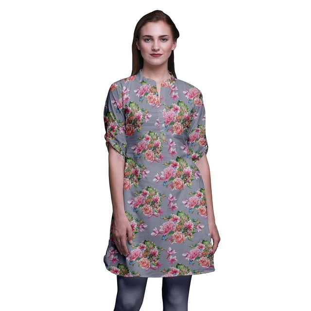 Bimba Kurtis Indiennes Courtes pour Femmes Tunique Imprimée Chemise à Manches Roulées