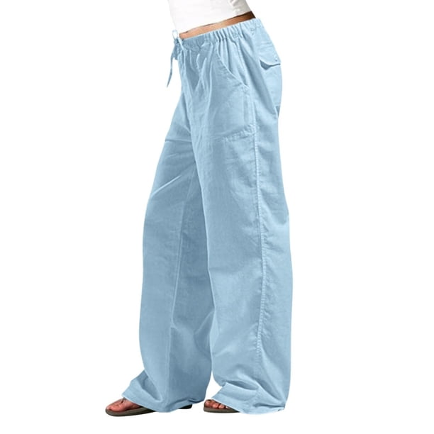 Pantalones de lino con cordón en la cintura para mujer: pantalones casuales de color liso, corte holgado y pierna recta, con bolsillos