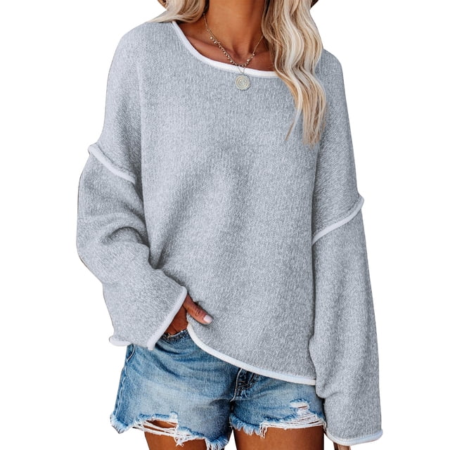 Suéter de punto con cuello redondo para mujer, manga larga, suelto, con hombros caídos, tops con borde blanco para otoño invierno gris L