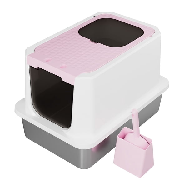 RIZZARI Enclosed Cat Litter Box: Large Top & Front Entry - High-Sided Anti-Scatter Design - Stainless Steel Odor Control - Easy Clean  Non-Stick Coating- Pink Litter Pan