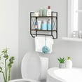 thumbnail image 3 of Bathroom Wall Shelf Wall-Mounted Industrial 2-Tier Wooden Bathroom Towel Rack with Towel Bar, 5 Metal Hooks Toilet Storage Shelf for Kitchen, Bathroom, Brown, 3 of 9