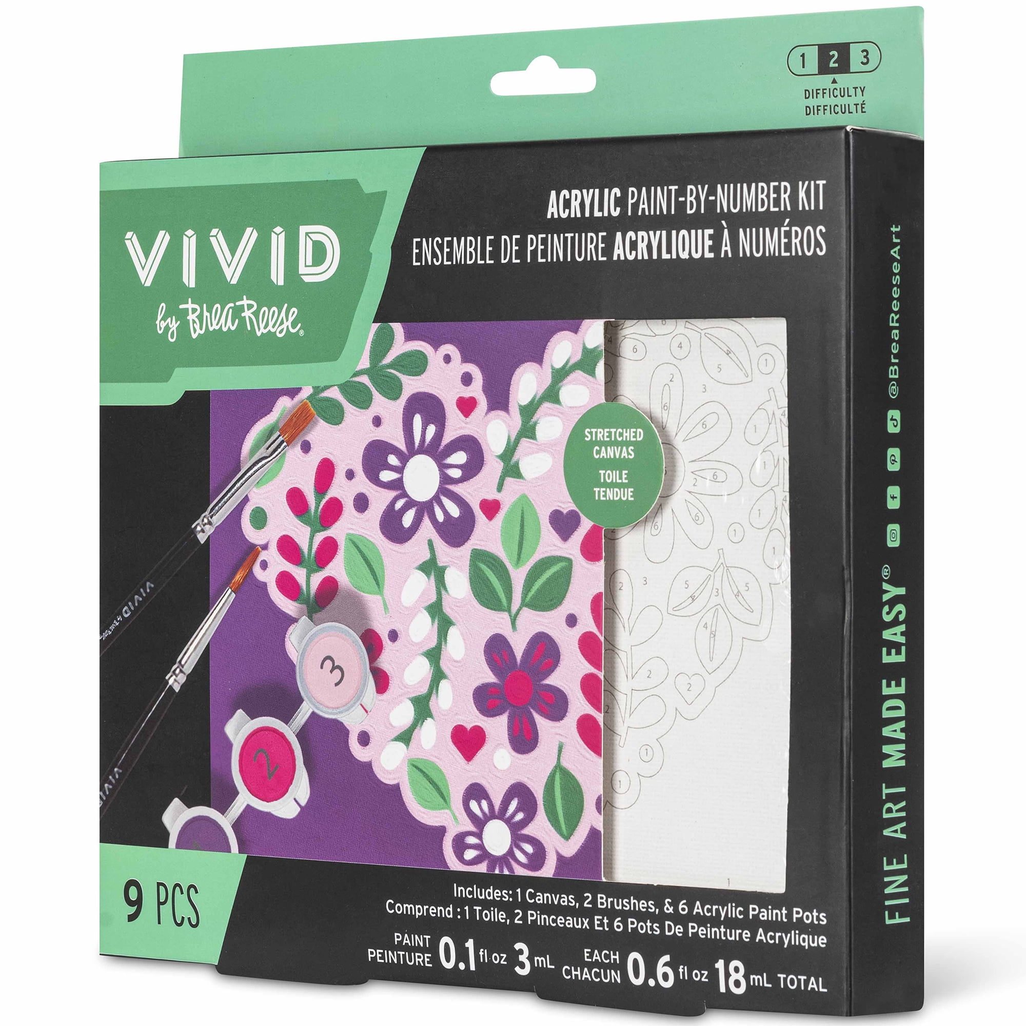 Vivid by Brea Reese: Acrylic Mini Paint-By-Number Kit – Flower Heart - 6 x 6" Canvas, 6 Paint Pods, 2 Brushes, Purple-Pink-Green Colors, DIY Art Craft