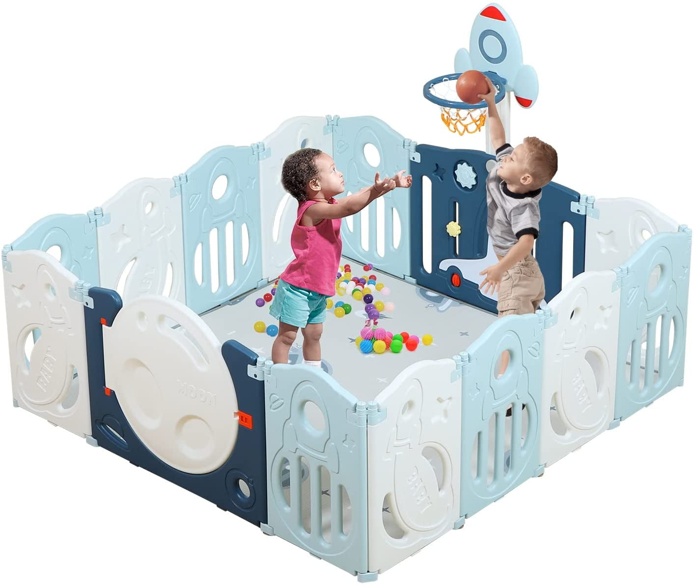 Playpen for Babies and Toddlers Safety Playpen with Basketball Hoop and