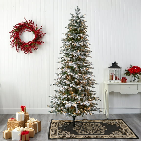 Nearly Natural 8' Flocked Fir Artificial Christmas Tree Prelit 650 Warm White Lights