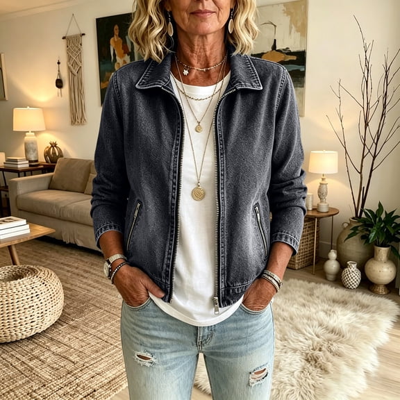 ClodeEU Women's Turn Down Collar Full Zip Long Sleeve Denim Jacket ,Casual Loose Vintage Jean Outerwear Black,Women's Plus L