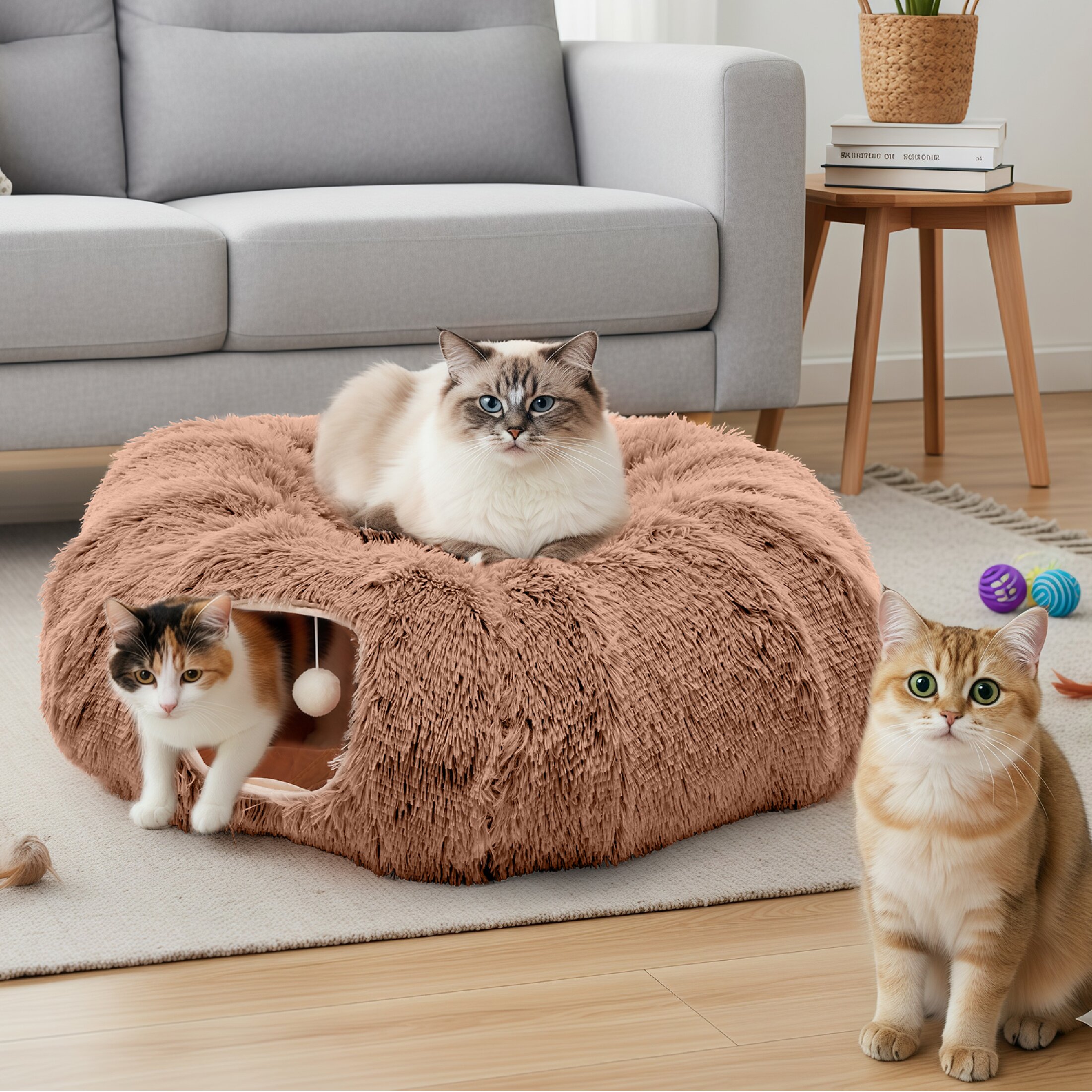 edx Cat Tunnel Bed for Indoor Cats, Soft Plush Peekaboo Hideaway Cave with Circle Cushion, Washable Multifunctional Playground Cat Donut Tunnel for Kittens, Rabbit, Ferret, Brown