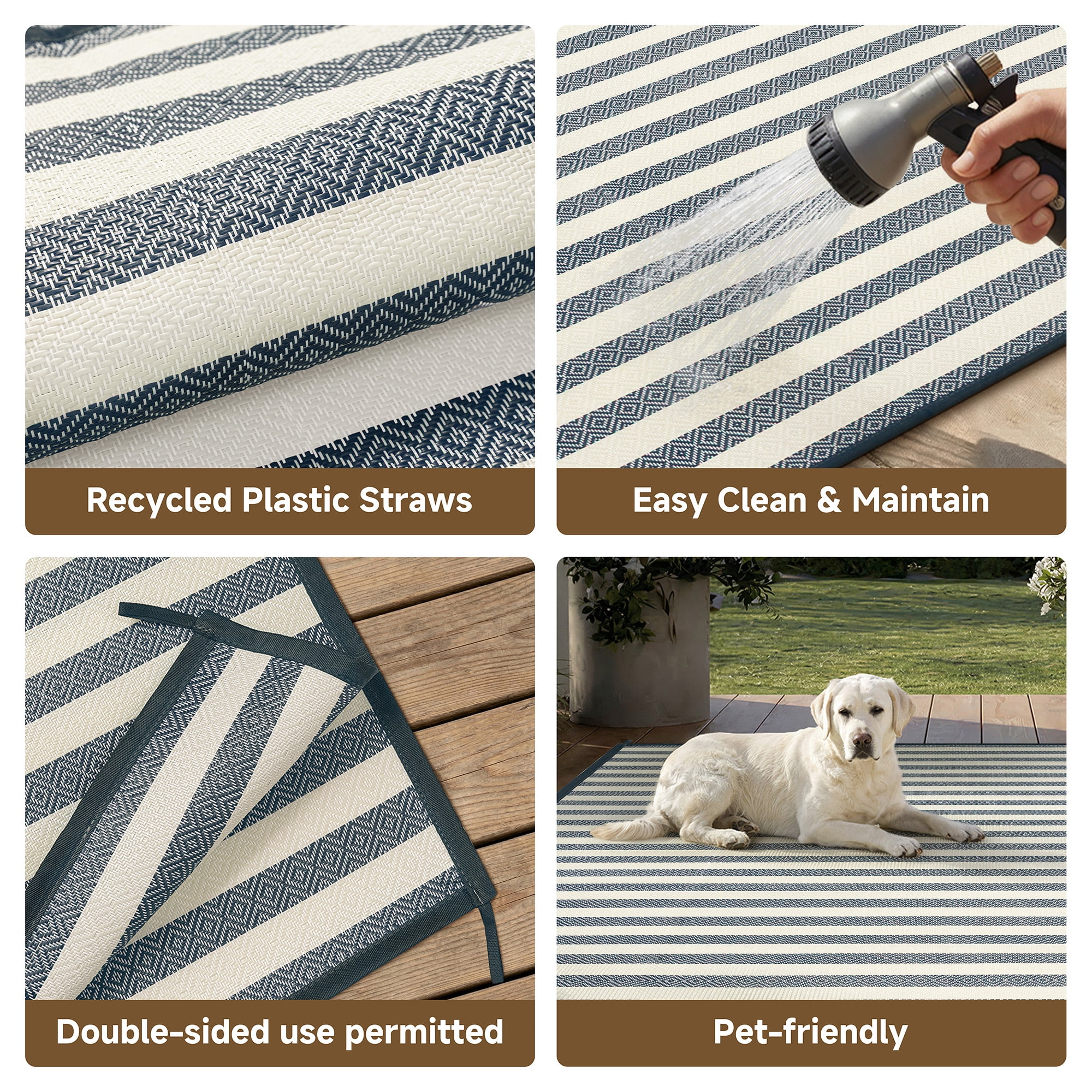 BERTHMEER 8'x10' Outdoor Rug on Sale Clearance,Waterproof Reversible Patio Rug for Deck,RV,Blue Multi White Stripes