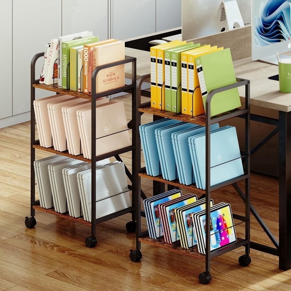 X-COSRACK 3-Tier Rolling Book Cart with Removable Dividers, Heavy Duty Wood & Metal Utility File Cart with Wheels, Storage Organizer Rack for Office, Home, and Classroom