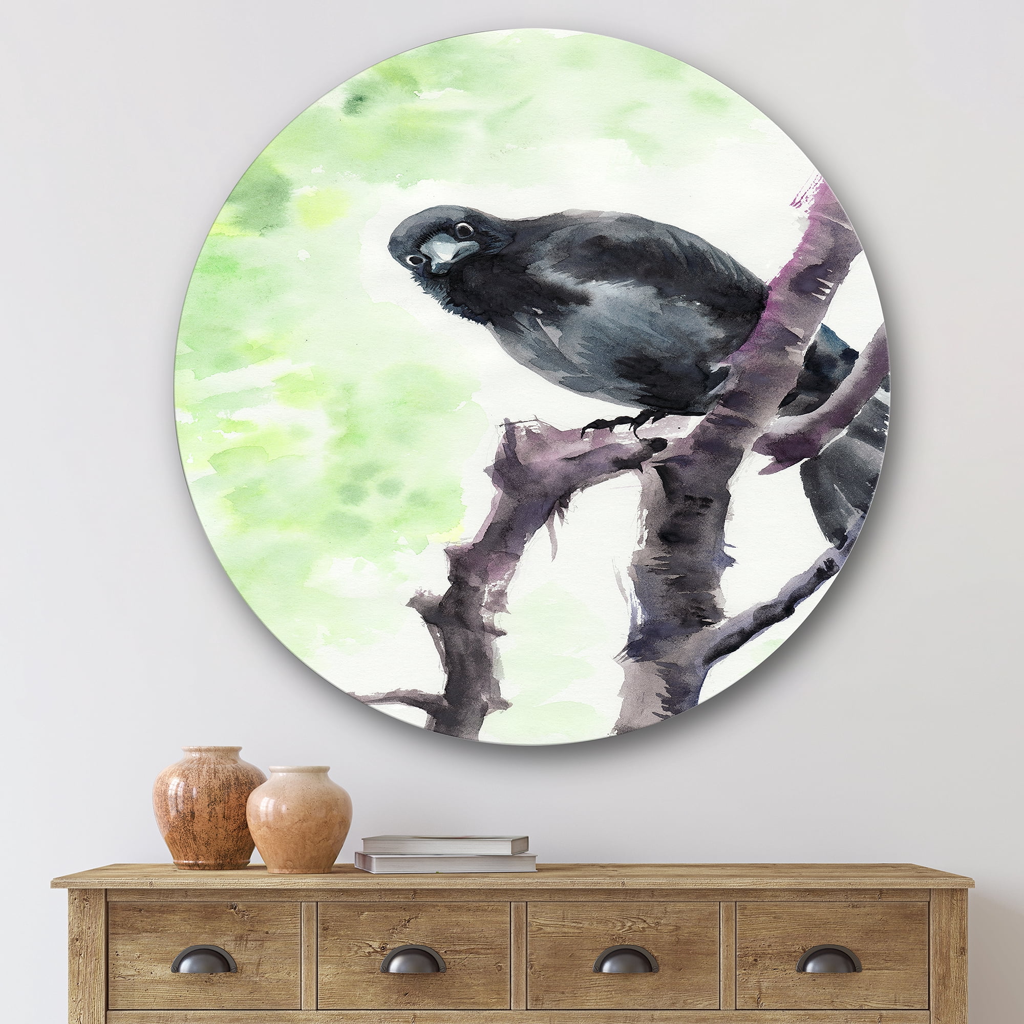 Designart 'Curious Crow Sitting On A Branch' Traditional Circle Metal Wall Art 36x36 - Disc of 36
