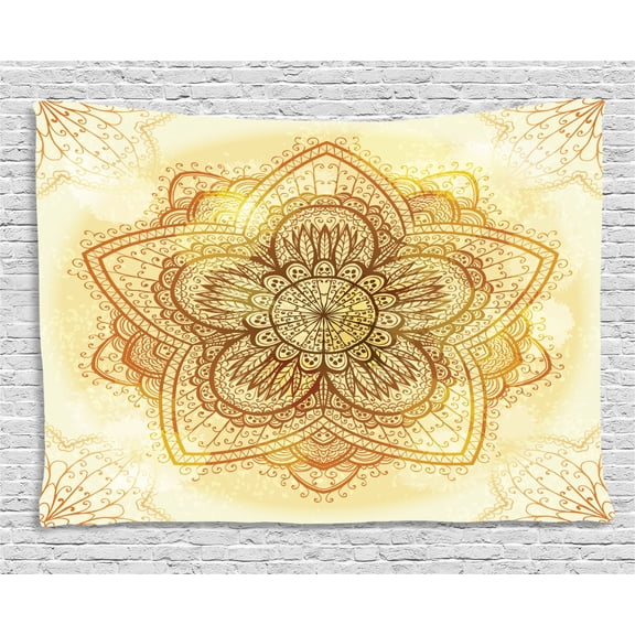 Brown Mandala Tapestry, Image of an Oriental Mandala Artwork with Overlapped Leaves, Wall Hanging for Bedroom Living Room Dorm Decor, 80W X 60L Inches, Brown Ginger and Yellow, by Ambesonne