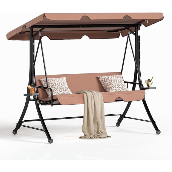 LAZZO 3-Seat Outdoor Porch Swing, Reclining Lounge Bed Convertible, Adjustable Canopy & Removable Cushions, Brown