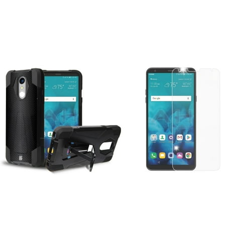 Tempered Carbon (Dual Layer Impact Resistant Kickstand Case (Dark Carbon) with Bubble-Free Tempered Glass Screen Protector, Atom Cloth for LG Stylo 4+ Plus/LG Stylo 4)