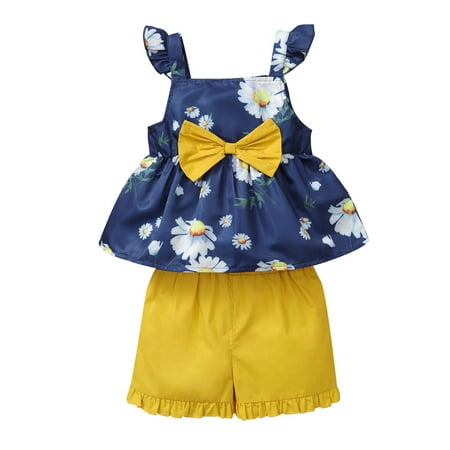 

2T Baby Girl Clothes 3T Toddler Girl Summer 2PCS Outfits Sleeveless Suspender Floral Top Yellow Shorts Set