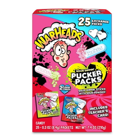 WARHEADS Sour Dippin' Pucker Packs 25pk Valentines Classroom Exchange Box 7.4oz