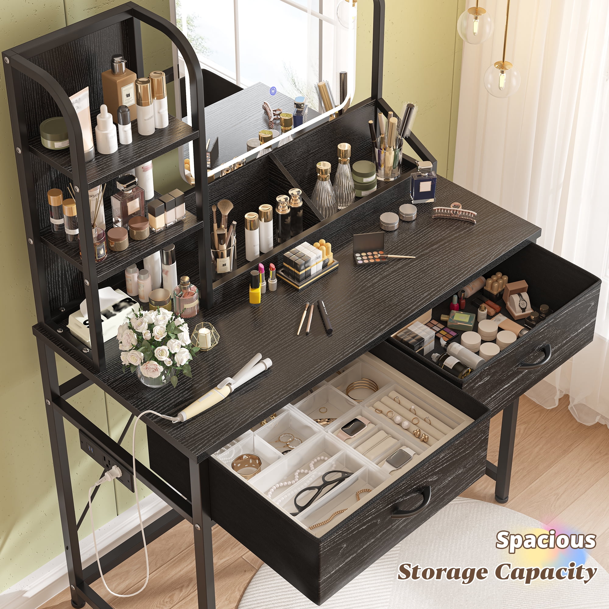 Vanity Desk with Mirror and Lights Makeup Vanity Table with 2 Fabric Drawers & Charge Station & Hair Dryer Rack Dressing Table for Bedroom, Black