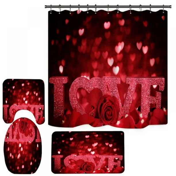 4Pcs Valentines Shower Curtain Set Include NonSlip Rugs, Toilet Lid