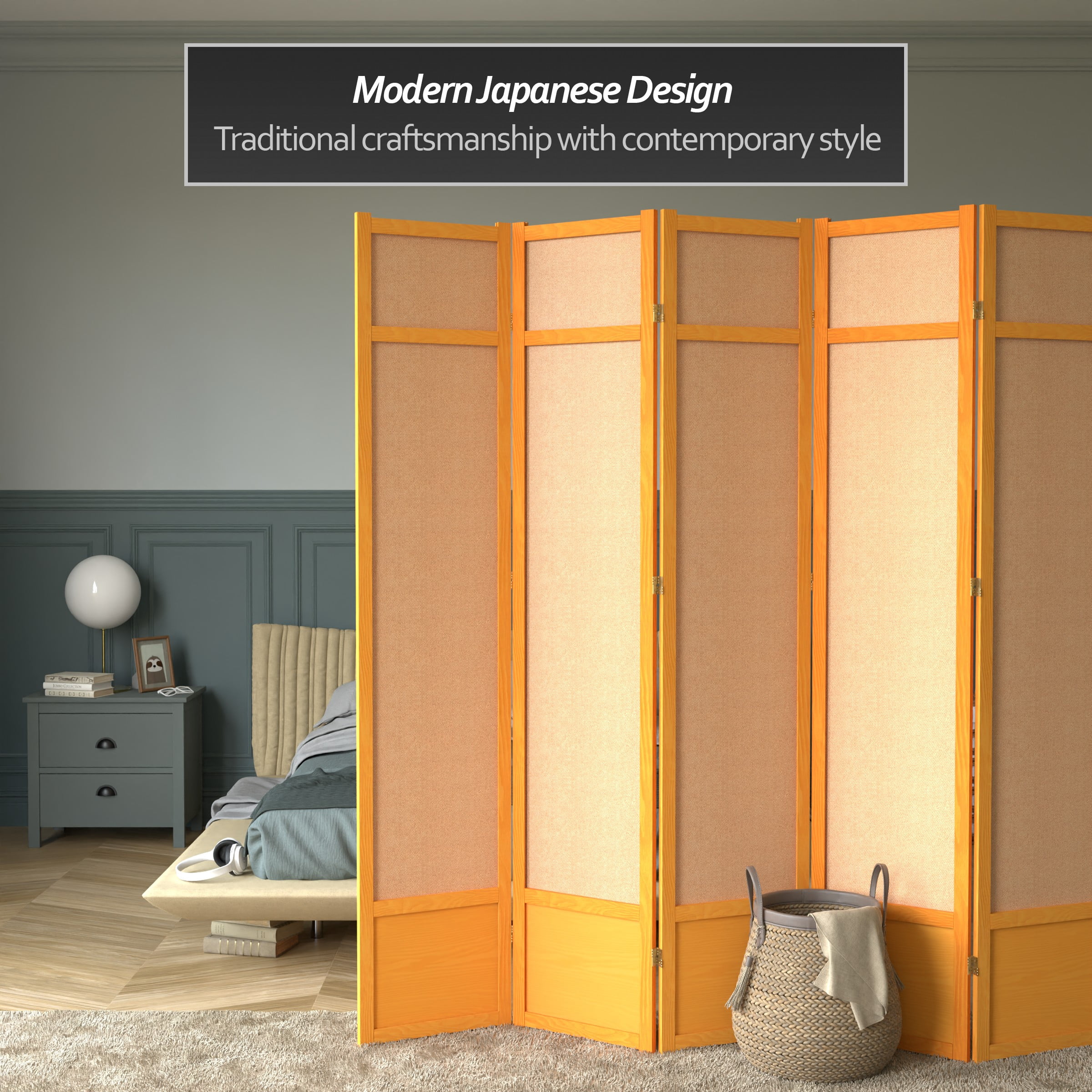 Red Lantern 7 ft. Tall Jute Shoji Screen - 6 Panel - Honey